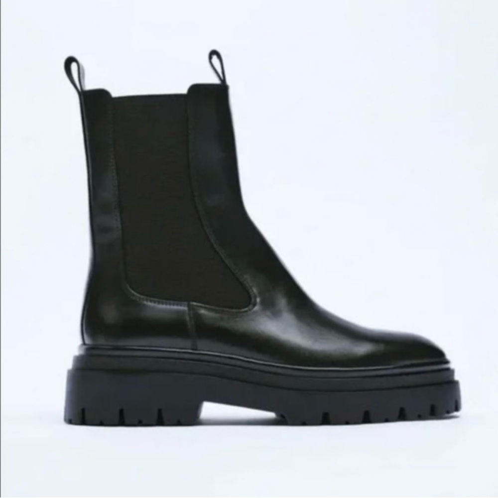 Zara Black Leather Combat Chelsea Boots